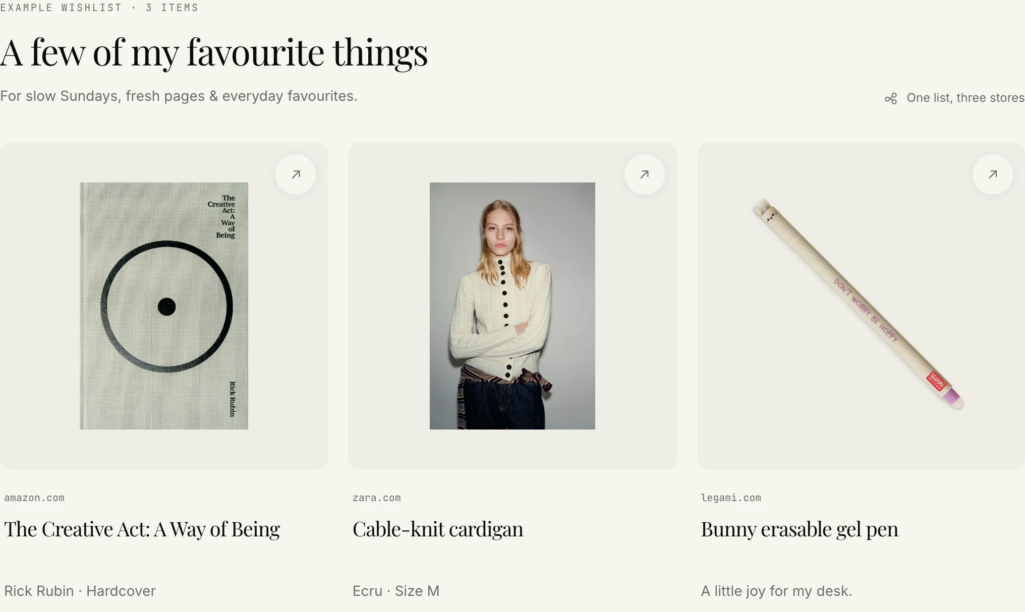 A few of my favourite things: a wishlist with The Creative Act book, a cream Zara cardigan and a bunny-shaped Legami pen.
